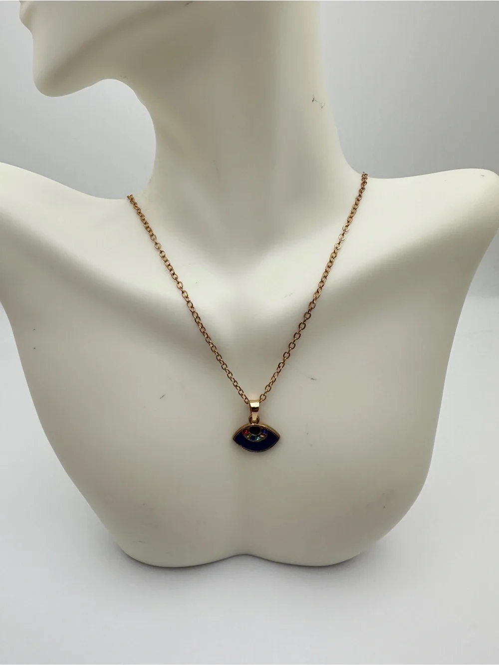 Gold-Tone Evil Eye Pendant Necklace with Blue Enamel and Multicolor Stones